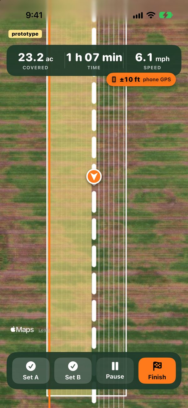 Prototype screen: satellite view with an A-B line, parallel passes painting in, an acre counter and an accuracy badge